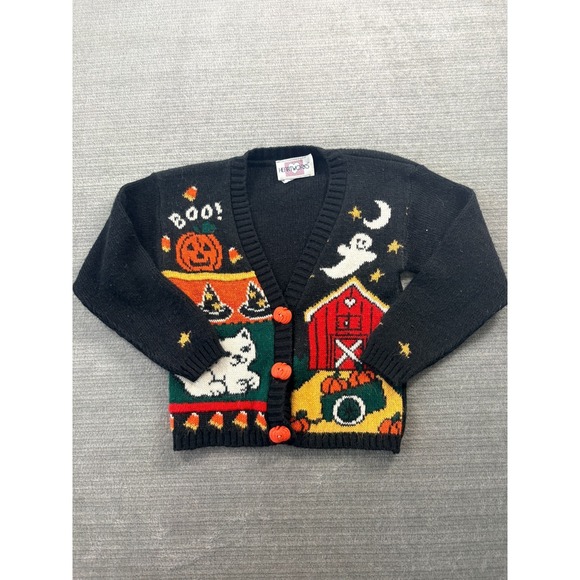 American Vintage Other - Vintage 80s Heartworks Halloween Cardigan Kids 5/6 Black Pumpkin Buttons Novelty
